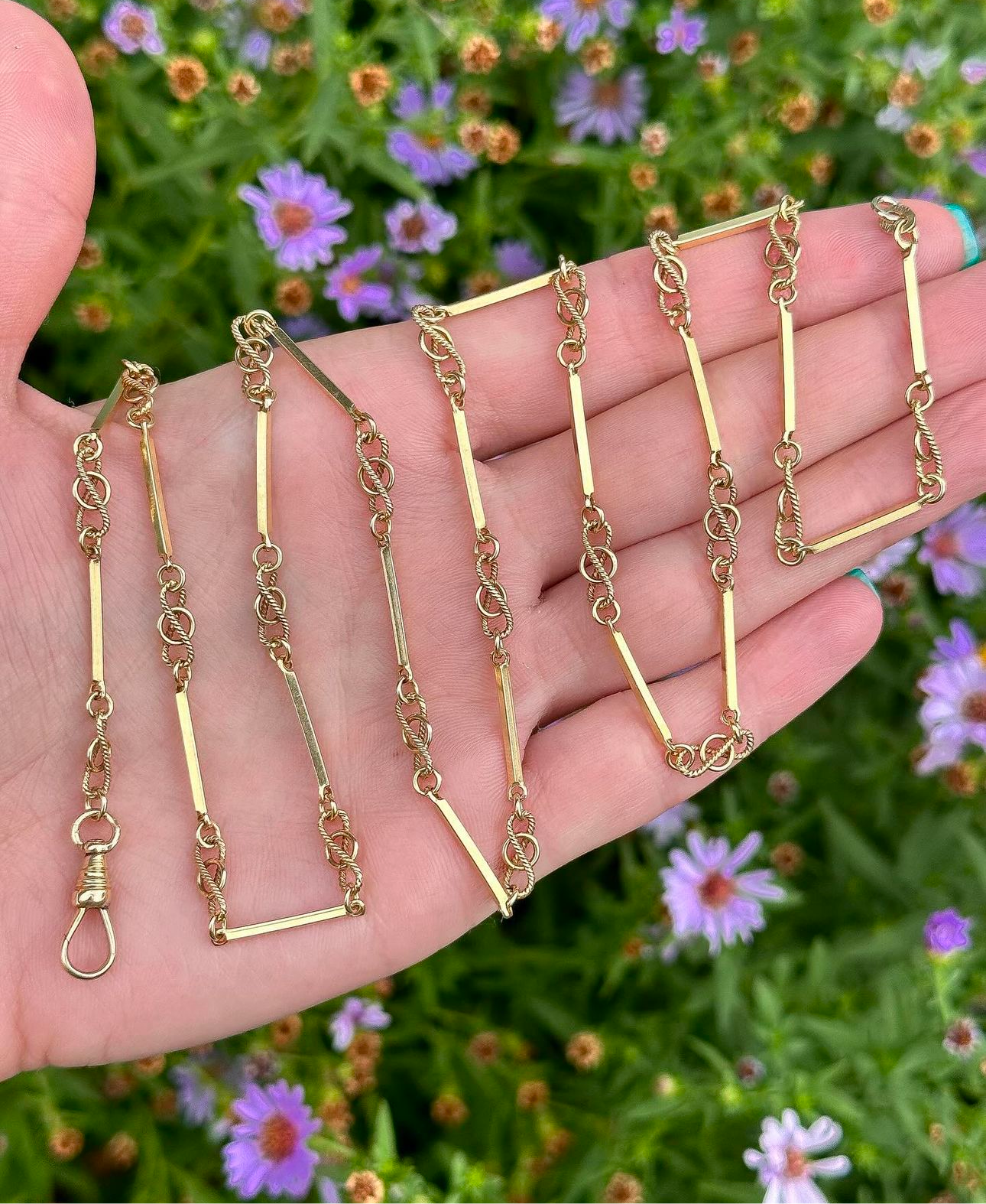Vintage 14k Love-knot bar link chain with antique dog clip - 28โ