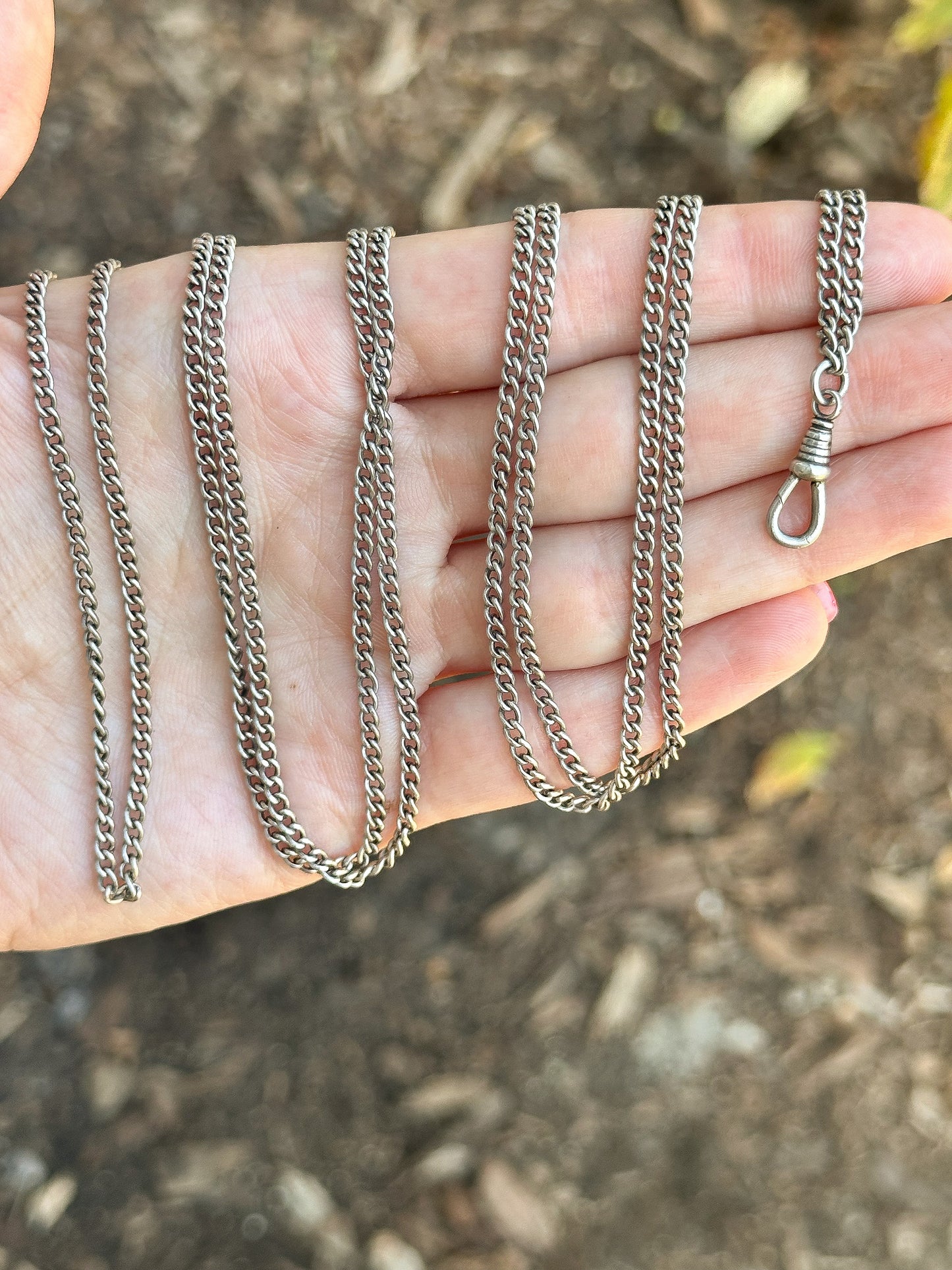 Victorian Antique Silver Long Guard chain with dog clip - 57”