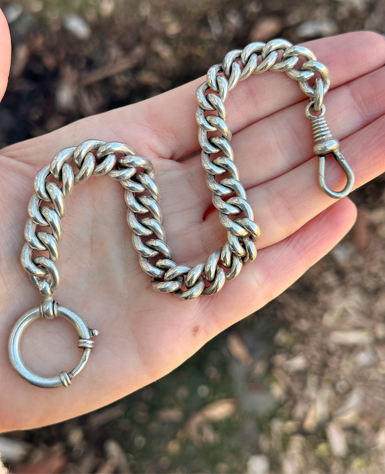 Silver chunky Antique curb watch chain with oversized bolt clasp