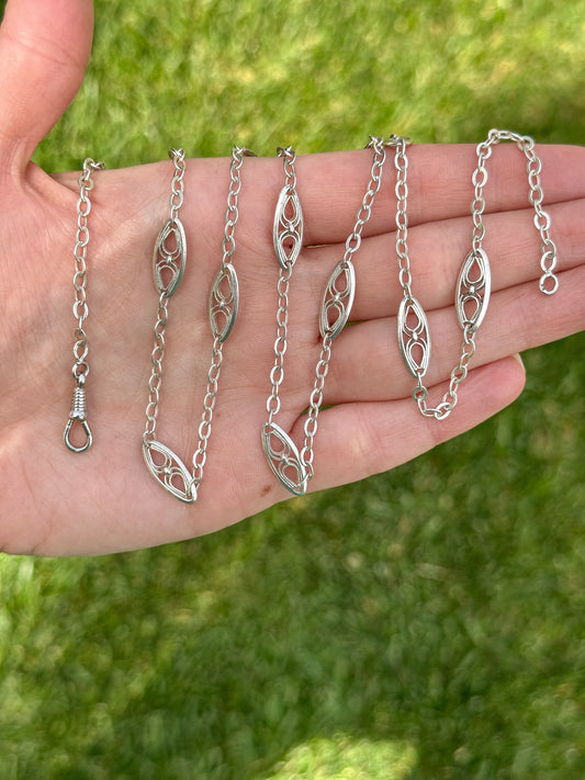 Vintage/ Antique Silver station chain with spider-like motif - 27.75”