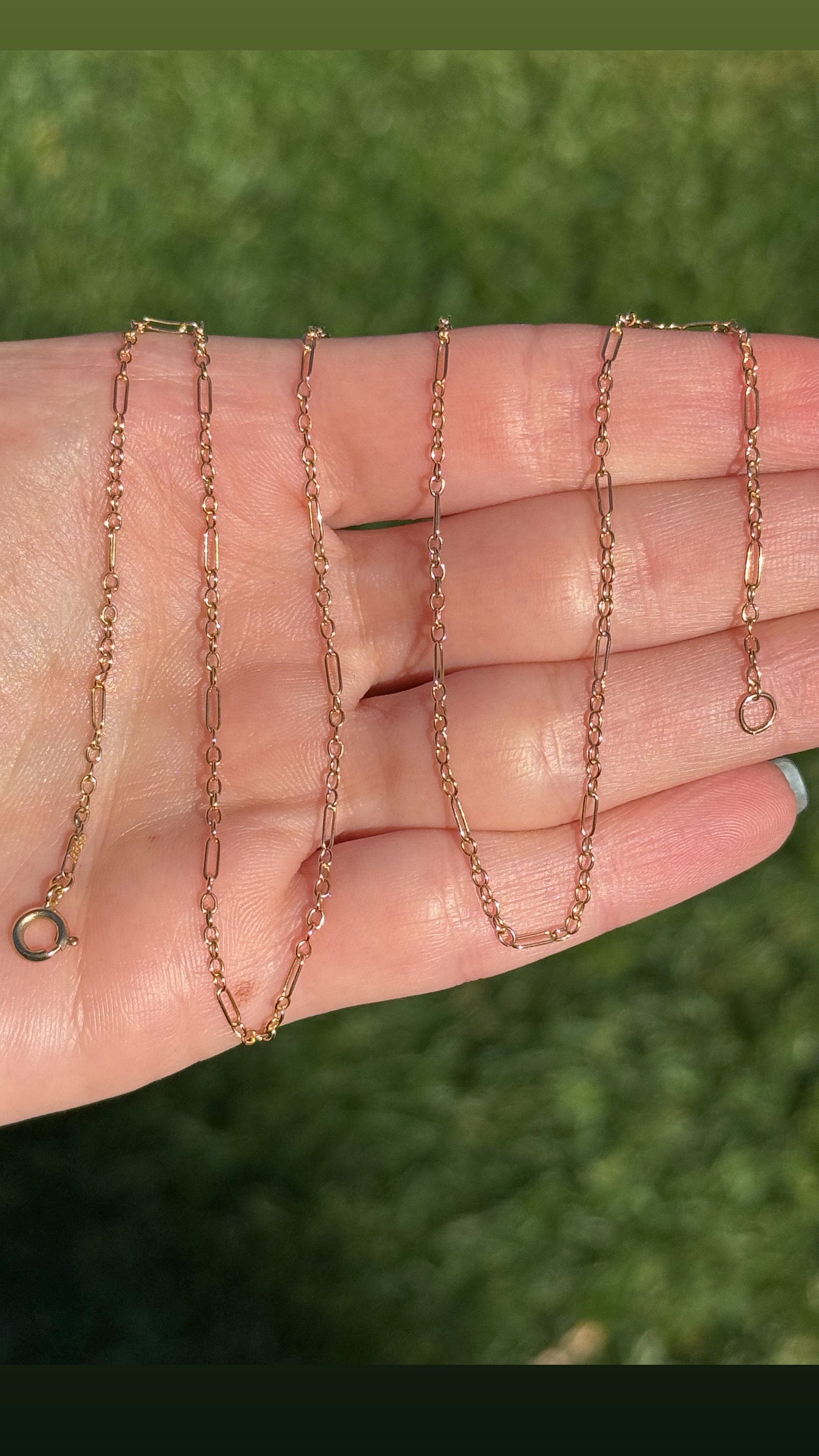 Baby Trombone Chain 15ct Antique with Victorian Tag - 19.5”