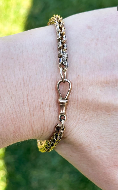 9ct Antique unique link watch chain with dog clip - 8.75”