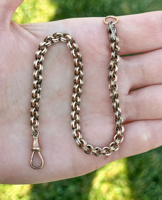 9ct Antique unique link watch chain with dog clip - 8.75”
