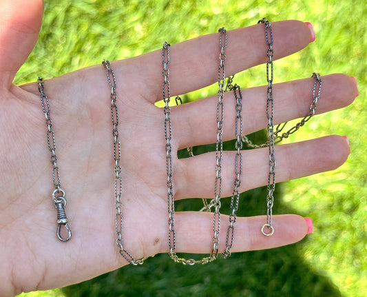 Antique Sterling Silver long guard chain with swivel dog clip - 55”