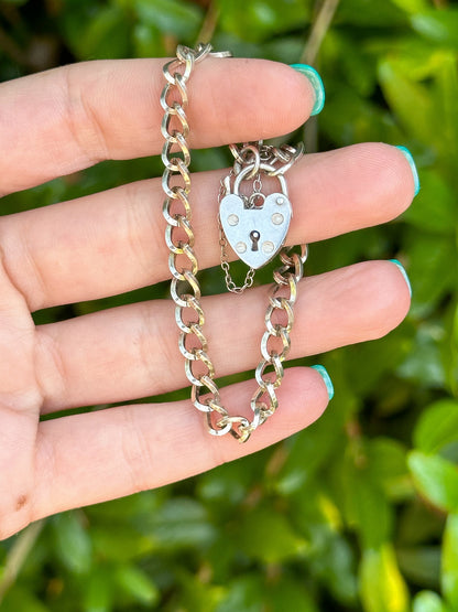 Vintage Sterling Silver Heart Padlock bracelet with squared curb links - 7.5”