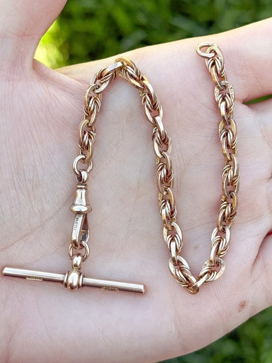 9ct Antique Love-link watch chain bracelet with swivel dog clip - 7.25”