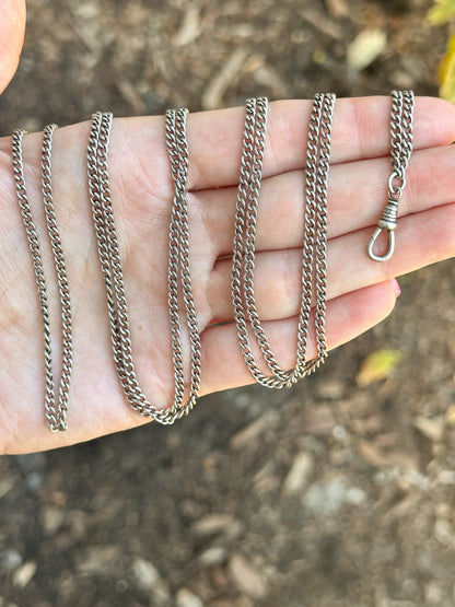 Antique Silver Victorian Long Guard chain with dog clip - 57”