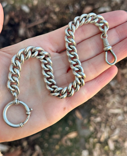 Silver chunky Antique curb watch chain with oversized bolt clasp