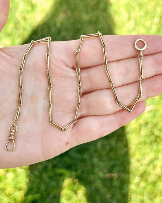 14k Antique yellow gold watch chain with Hayseed links - 13.8”