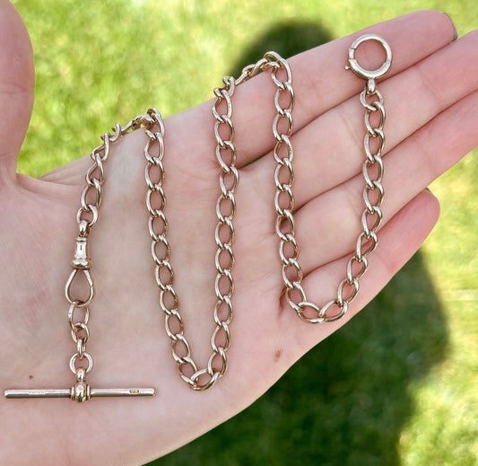 9ct Antique Oval link watch chain with two dog clips - 16”