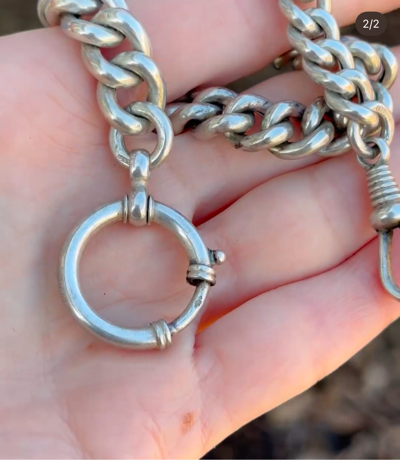 Silver chunky Antique curb watch chain with oversized bolt clasp