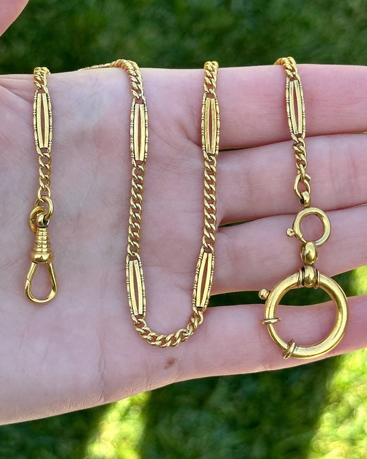 Rolled-gold Antique watch chain with large detachable bolt clasp - 14.5”