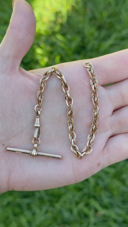 9ct Antique Love-link watch chain bracelet with swivel dog clip - 7.25”