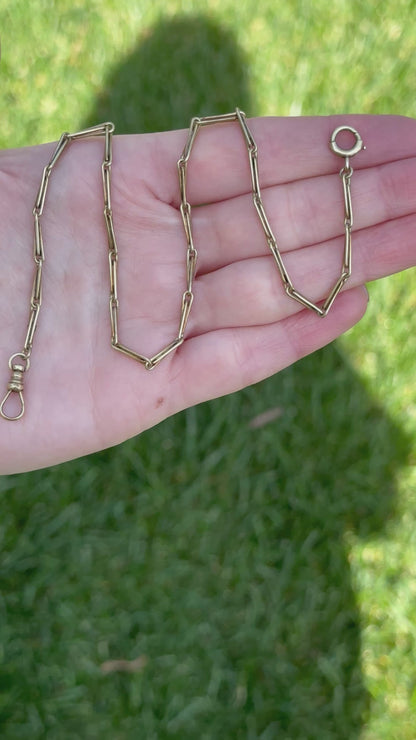 14k Antique yellow gold watch chain with Hayseed links - 13.8”