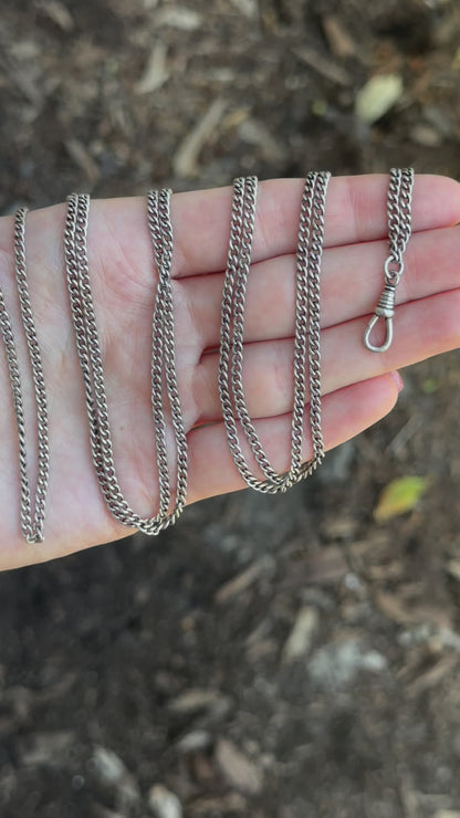 Antique Silver Victorian Long Guard chain with dog clip - 57”